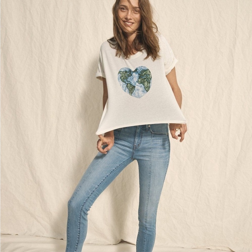 Madewell White Tee with Blue and Green Heart Design